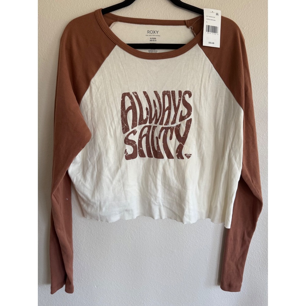 Roxy Women's Long Sleeve Always Salty Crop Tee Brown White Size XL Beach